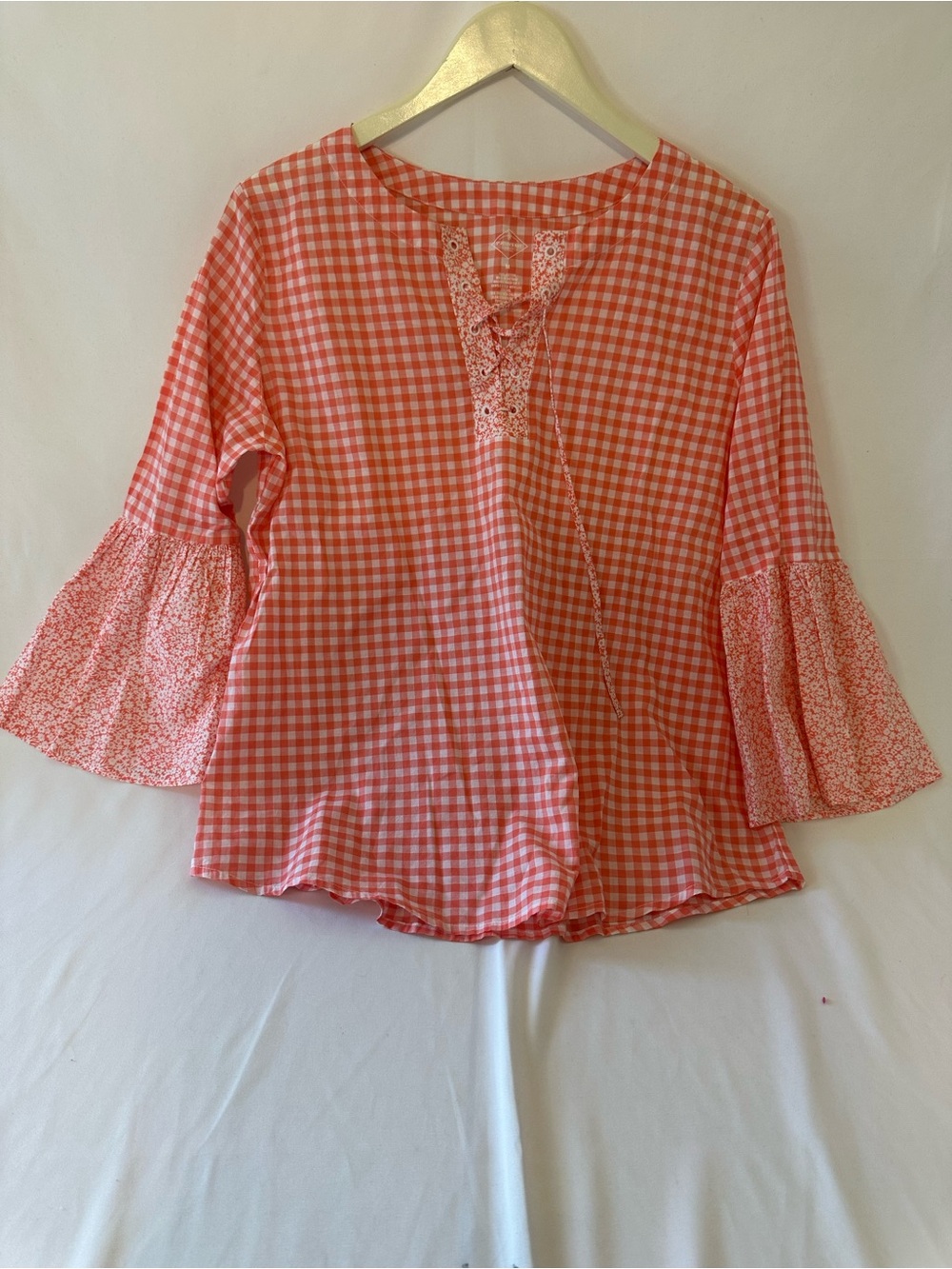 Bell Sleeve Gingham Tie-Neck Top - Coral Pink